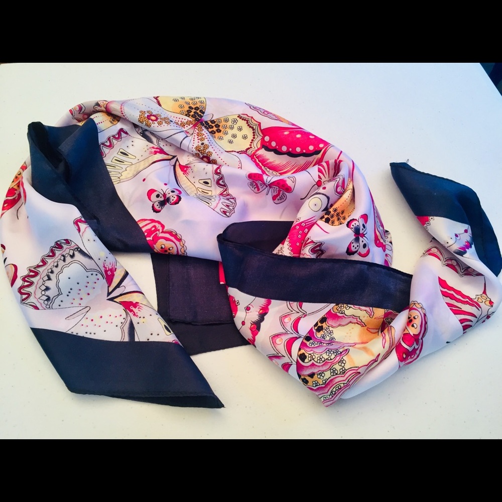 NEW 100% Silk Satin Scarf Wrap Shawl Butterflies Pink